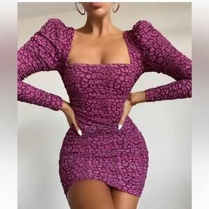 Oh Polly | Purple Leopard Print Mesh Ruched Bodycon Dress